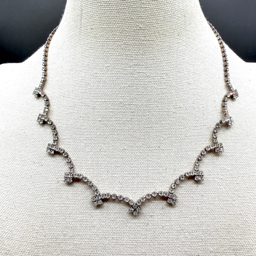 Clear Rhinestone Scalloped Choker Necklace Silver Tone Bridal Wedding Statement